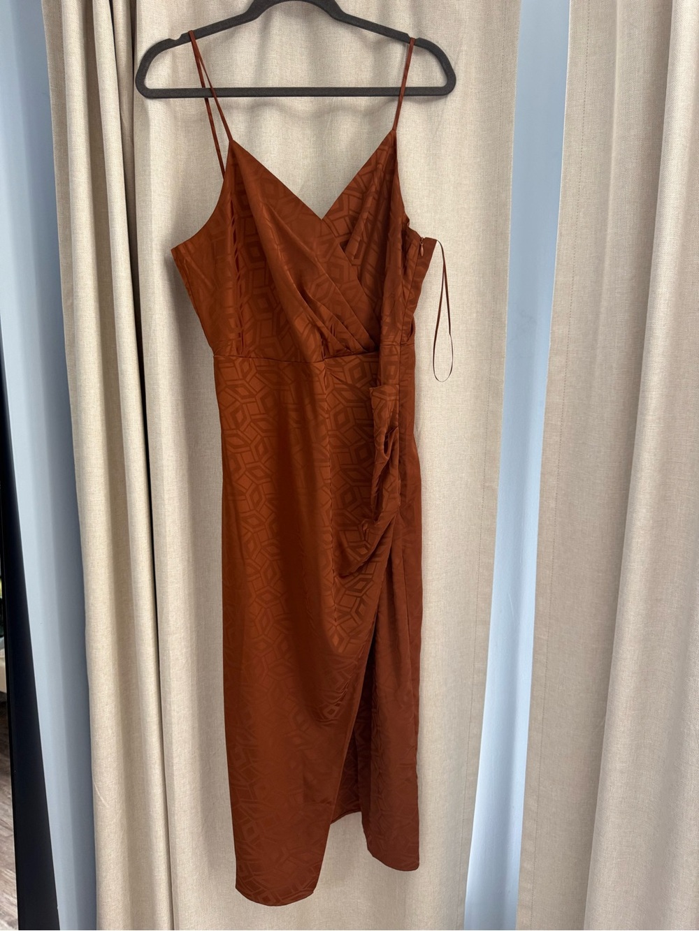 Skies Are Blue Rust Satin Midi Wrap Dress with Ruched Side